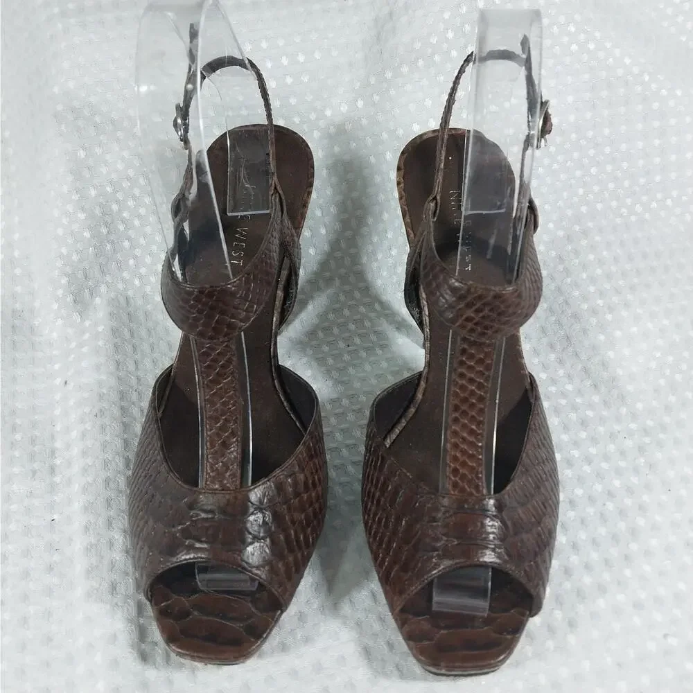 NINE WEST! ESPRESSO BROWN GENUINE LEATHER, T BAR LIZARD IMPRINT HEELS! SZ 7M